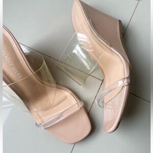 Spring summer Nude beige clear straps patent wedges open toe heeled sandals